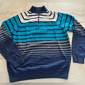 Pure Cotton Puma Men's 1/4 Zip Blue Gray Striped Knit Sweater Size L